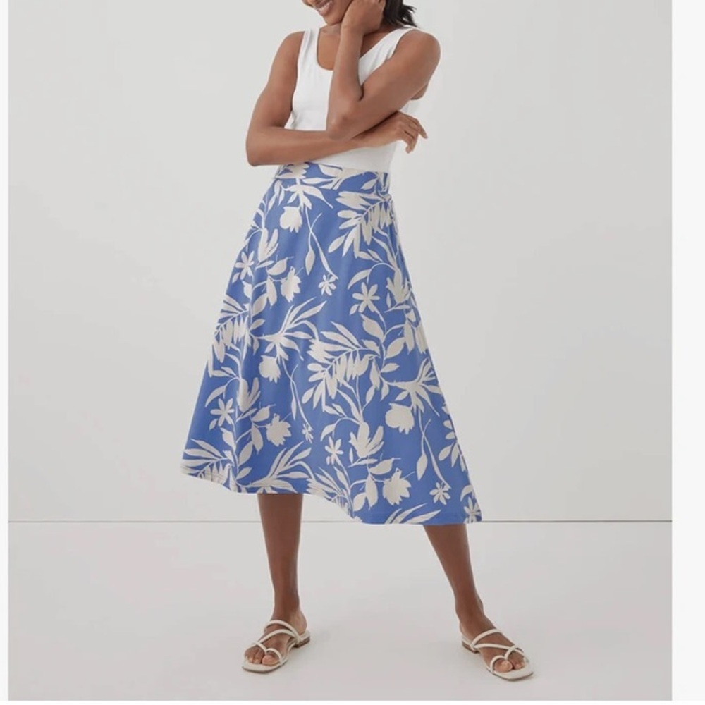 PACT Tropical Palm Wedgewood Fit & Flare Midi Skirt XS NWT